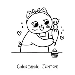 Imagen para colorear de gata cocinera kawaii decorando cupcakes