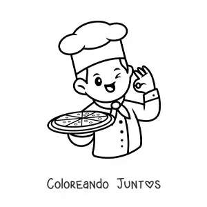 Imagen para colorear de chef pizzero kawaii con una pizza