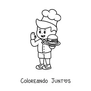 Imagen para colorear de cocinero kawaii con una hamburguesa