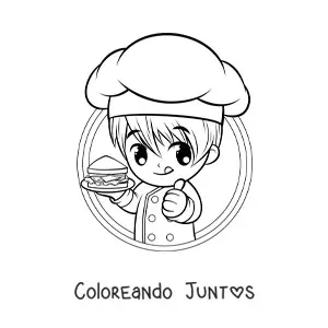 Imagen para colorear de niño cocinero kawaii con un sándwich
