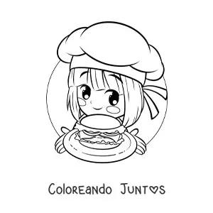 Imagen para colorear de niña cocinera kawaii con una hamburguesa