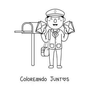 Imagen para colorear de cartero kawaii con cartas junto al buzón