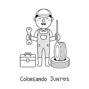 Imagen para colorear de mecánico automotriz con ruedas y herramientas