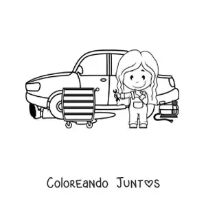 Imagen para colorear de chica mecánico animada reparando un auto