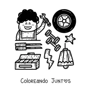 Imagen para colorear de mecánico automotriz animado con sus herramientas