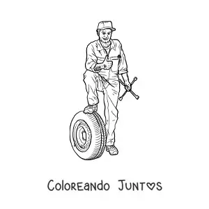 Imagen para colorear de mecánico automotriz realista con una rueda