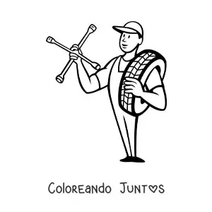Imagen para colorear de mecánico automotriz animado con una rueda