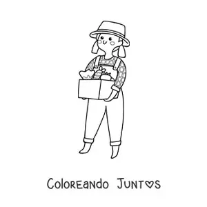Imagen para colorear de agricultora kawaii con frutos cosechados