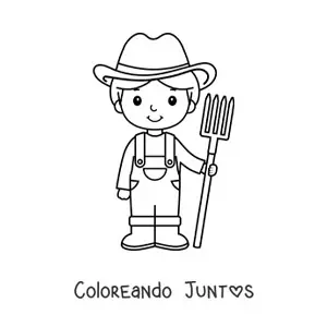 Imagen para colorear de niño agricultor kawaii animado con una horquilla