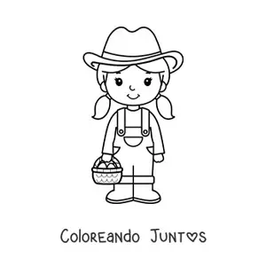 Imagen para colorear de niña agricultora kawaii animada con una horquilla