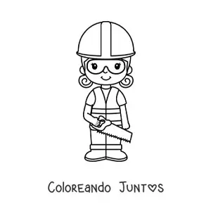 Imagen para colorear de niña albañil kawaii con casco y un serrucho
