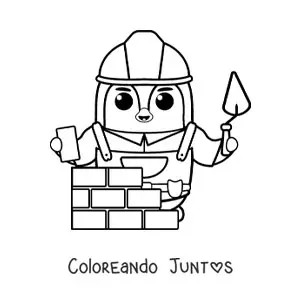 Imagen para colorear de pingüino albañil construyendo una pared con ladrillos y cemento