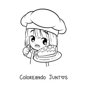 Imagen para colorear de chef pastelera kawaii animada con un trozo de pastel