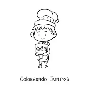 Imagen para colorear de niño pastelero kawaii animado con un pastel