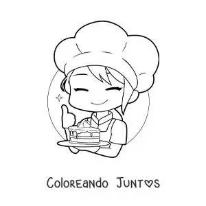 Imagen para colorear de chica pastelera kawaii con un trozo de pastel