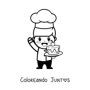 Imagen para colorear de chef pastelero kawaii con un pastel fácil
