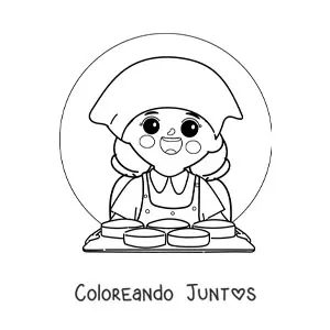 Imagen para colorear de chica con oficio de repostera con una bandeja de pasteles