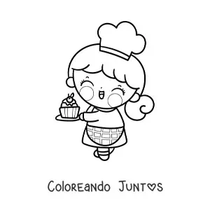 Imagen para colorear de niña pastelera kawaii con un cupcake
