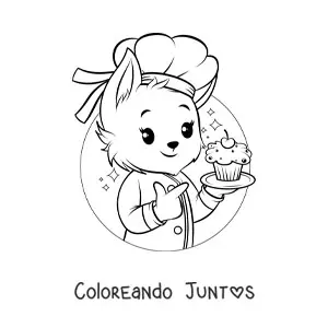 Imagen para colorear de perro pastelero animado kawaii con un cupcake