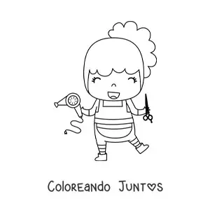 Imagen para colorear de peluquera estilista kawaii con un secador y unas tijeras