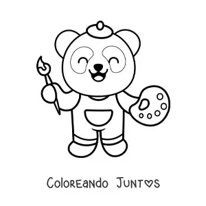 Imagen para colorear de panda pintor kawaii fácil con una paleta y un pincel