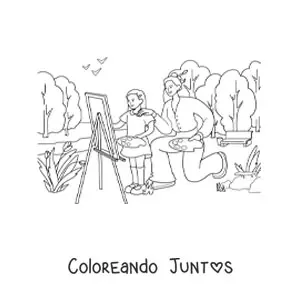 Imagen para colorear de niña y su madre pintando un cuadro en un parque