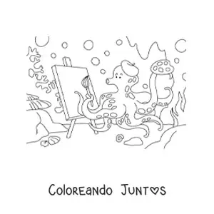 Imagen para colorear de pulpo pintor animado pintando un cuadro bajo el mar