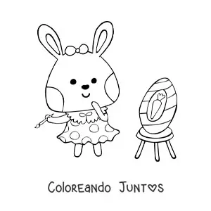 Imagen para colorear de conejo pintor kawaii animado pintando un huevo de pascua