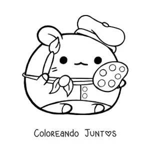 Imagen para colorear de pintor hamster kawaii animado con una paleta y un pincel