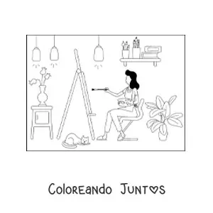 Imagen para colorear de chica artista pintando un cuadro en casa junto a su gato