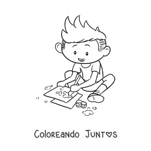 Imagen para colorear de niño pintando en hojas de papel