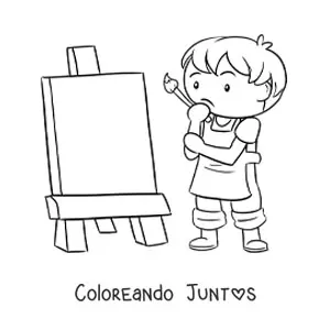 Imagen para colorear de niño pintor frente a un lienzo en blanco