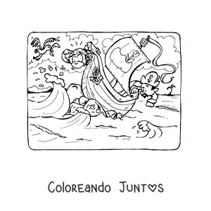Imagen para colorear de un barco pirata en el mar chocando contra las olas