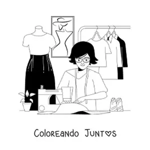 Imagen para colorear de diseñadora de modas cosiendo en una máquina de coser junto a un maniquí