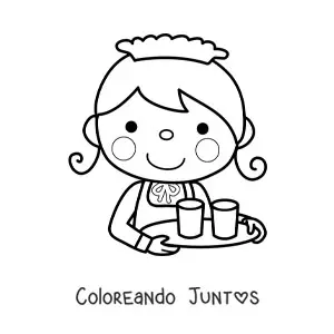 Imagen para colorear de mesera kawaii llevando una bandeja con vasos