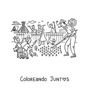 Imagen para colorear de familia con niños haciendo trabajos de jardinería en el jardín