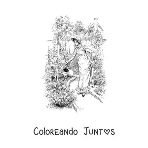 Imagen para colorear de jardinera antigua realista regando las plantas