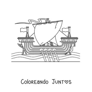 Imagen para colorear de un barco vikingo en el mar con remos y varias velas
