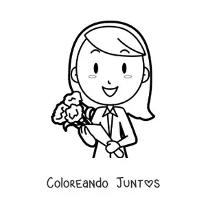 Imagen para colorear de secretaria animada con ramo de flores en el día de la secretaria