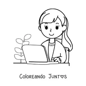 Imagen para colorear de secretaria animada fácil trabajando en una laptop en la oficina