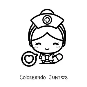 Imagen para colorear de enfermera kawaii con un corazón