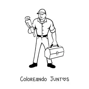 Imagen para colorear de plomero animado con una llave y un maletín