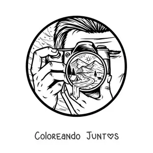 Imagen para colorear de hombre tomando una foto de un paisaje con una cámara fotográfica
