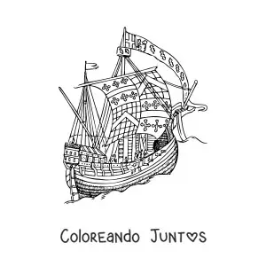 Imagen para colorear de un barco antiguo en el mar con cruces en las velas