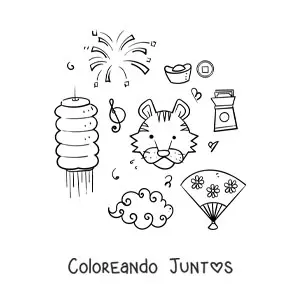 Imagen para colorear de elementos de la cultura china kawaii