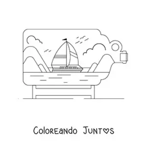 Imagen para colorear de un barco en el mar con nubes dentro de una botella