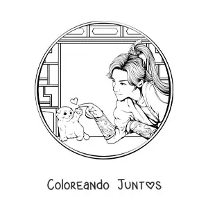 Imagen para colorear de hermosa guerrera china con un gato