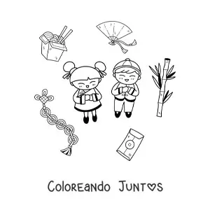 Imagen para colorear de niños chinos kawaii con elementos de la cultura china