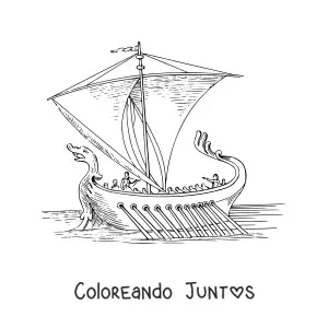 Imagen para colorear de un barco romano antiguo con una proa de serpiente en el mar