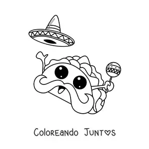 Taco mexicano kawaii animado con sombrero y maraca